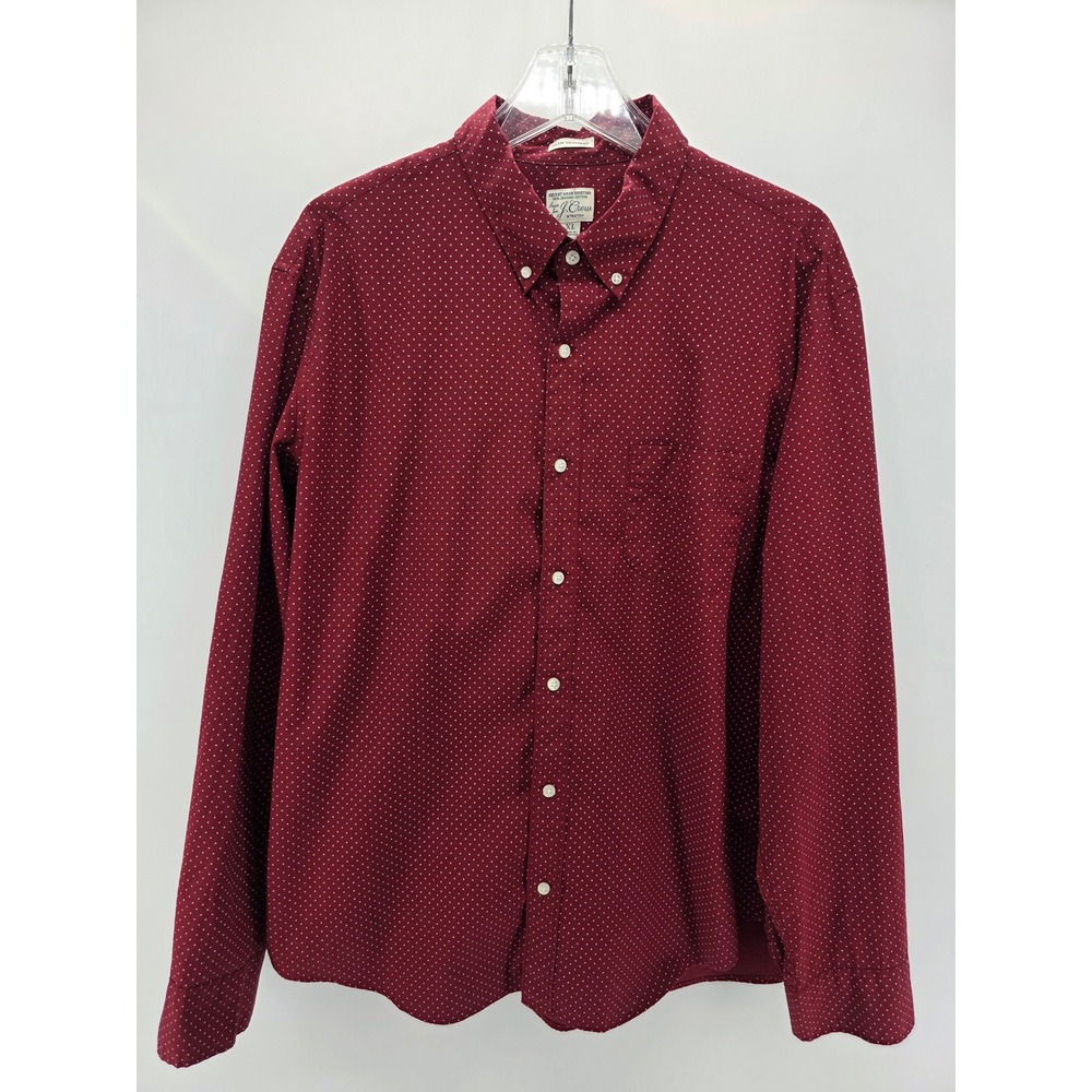 J.Crew Shirt Men XL Burgundy Polka Dot Secret Wash Shirt Slim Untucked Stretch